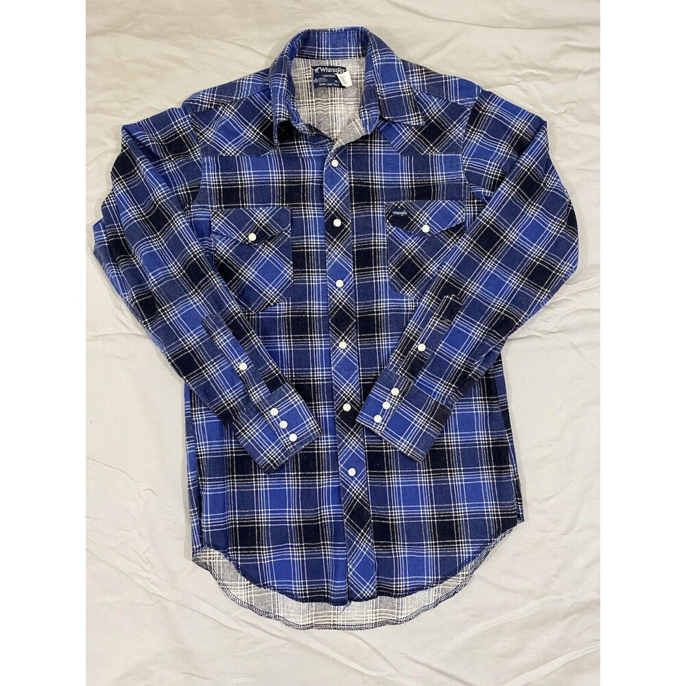 Vintage Wrangler Flannel Shirt Mens 15X33 Preshrunk X Long Tails Pearl Snap USA
